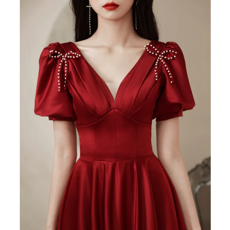 

Burgundy Evening Dress Elegant V-Neck Beaded Bow Backless Short Sleeve Engagement Party Gonws 2022 New For Fashion Women