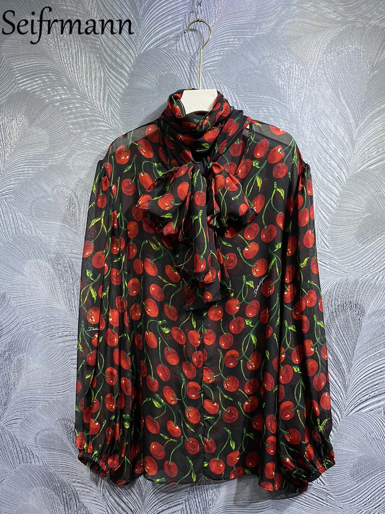 

Рубашка Seifrmann Женская с длинным рукавом, модельная блузка из натурального шелка с принтом вишни, свободная блузка с бантом, весна