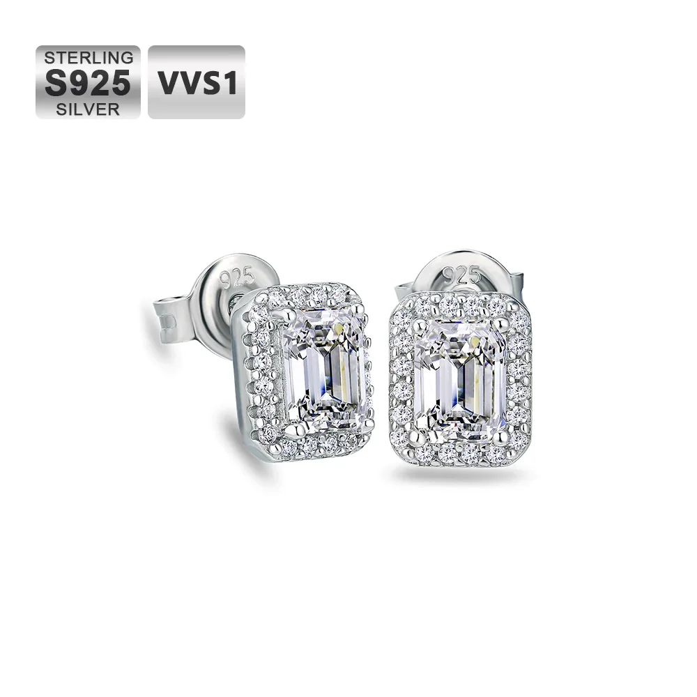 

JEWE Men's Stud Earrings VVS Baguette Moissanite Iced Out S925 Sterling Silver White Gold Plated Hypoallergenic Hiphop Earrings