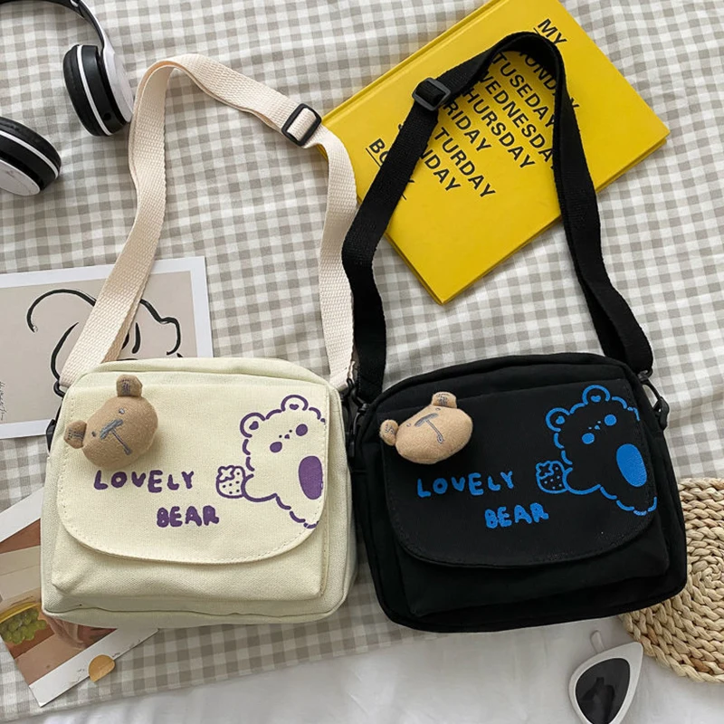 

Women Canvas Bags Cute Mini Crossbody Bags Student Shoulder Bags Multi-function Ladies Messenger Bags Casual Small Square Bags