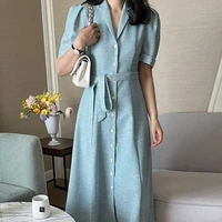 woman summer korean style long dress female french lapel single breasted puff sleeve dress ladies casual elegant dresses
