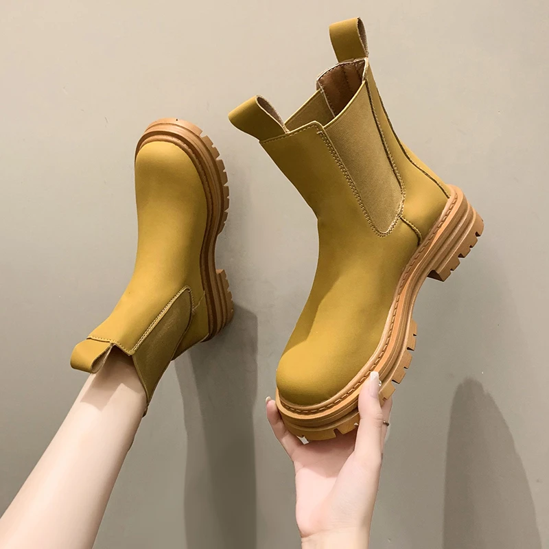 

Женские зимние ботинки, замшевые кожаные ботильоны, женские ботинки челси на толстом каблуке и платформе с круглым носком, модные женские б...