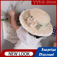 childrens straw sun hat flower lace strap big brim hat flat top sunscreen beach straw hat panama travel sunscreen hat