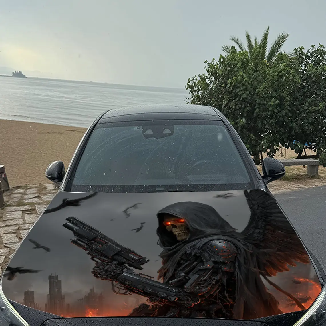 Фото Наклейки на капот автомобиля Cyber Grim Reaper Pattern, водонепроницаемые самоклеящиеся, устойчивые к царапинам, легко приклеиваемые, прочные автомобильные наклейки из ПВХ №5
