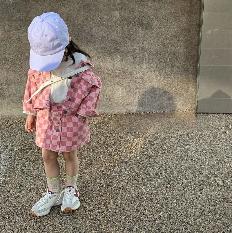 

2022 Spring New Arrival Girls Plaid Denim 2 Pieces Suit Coat+skirts