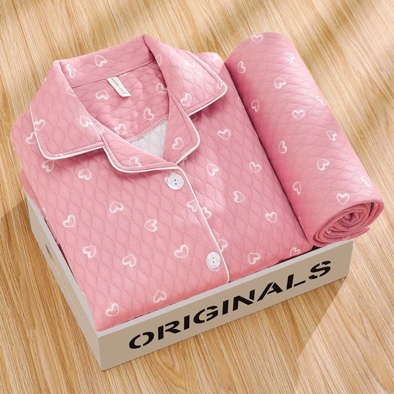 2024 New Winter Middle-Aged and Elderly Mothers Long sleeve Thickened Sandwich Pajamas Women Home Wear Air Cotton Set