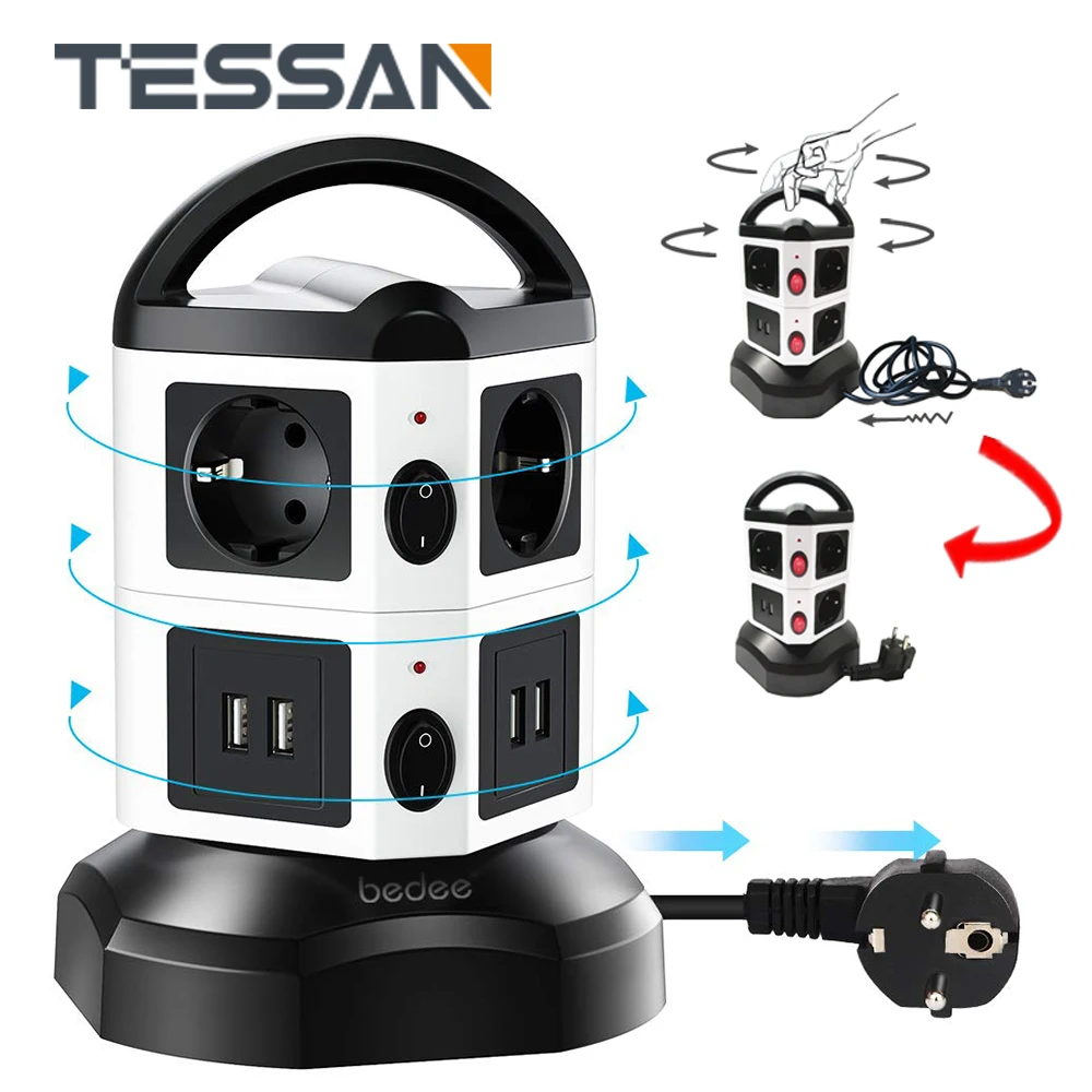 Удлинитель TESSAN с 6 розетками переменного тока, 4 USB-порта, 2 м