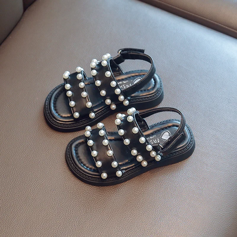 

Girl Pearl Sandal Open Toes Kid Hook & Loop Beach Shoes 2022 Summer Child Flat Beach Non-slip Shoe 26-36 Black Beige