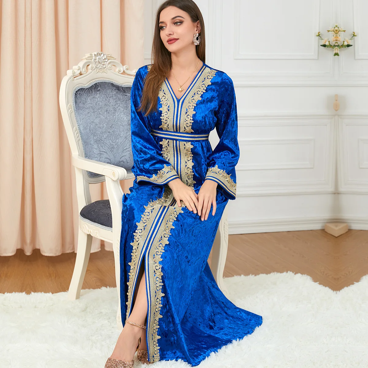 Women Spring and Summer Muslim Slit Embroidery Gold Velvet Dress Turkish Indian Abaya Arab Islamic Women Moroccan Kraftan Gown