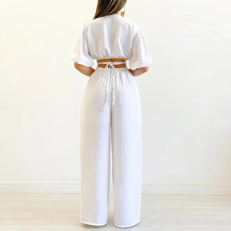 Plus-size Women's 2023 Summer V-neck Short-sleeved Top High-waisted Wide-leg Pants Fashion Suit