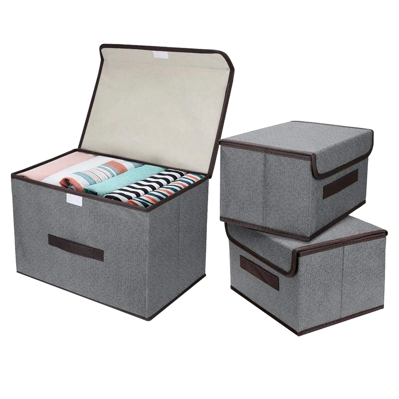 

3 Pack Foldable Storage Boxes With Lids,Fabric Storage Basket Organiser For Wardrobe,Closet,Shelf(Gray)