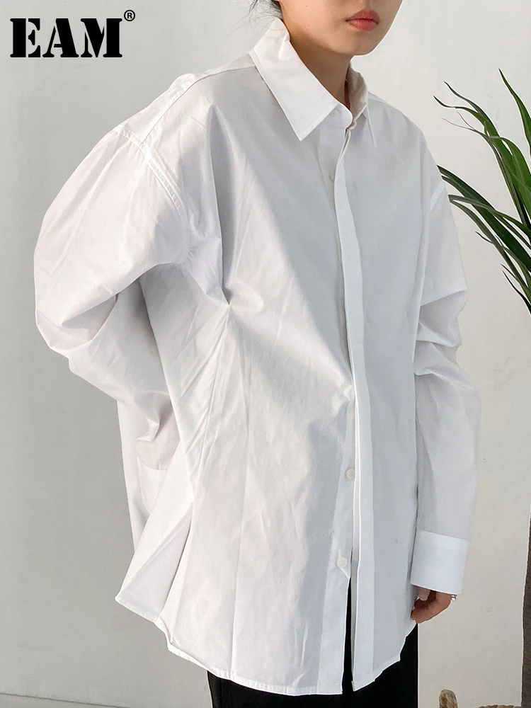 

[EAM] Women White Pleated Big Size Casual Blouse New Lapel Long Sleeve Loose Fit Shirt Fashion Tide Spring Autumn 2023 1DF1467
