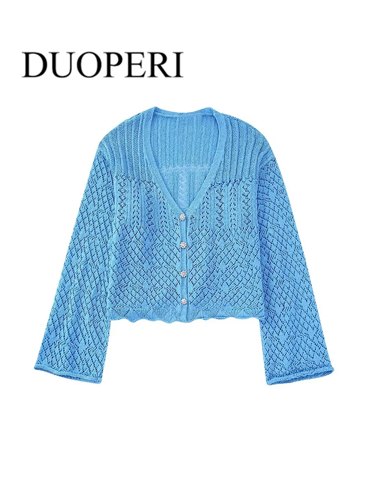 

DUOPERI Women Fashion Solid Hollow Out Knitted Cardigan Vintage Single Breasted V-Neck Long Sleeves Female Chic Sweater Outfits