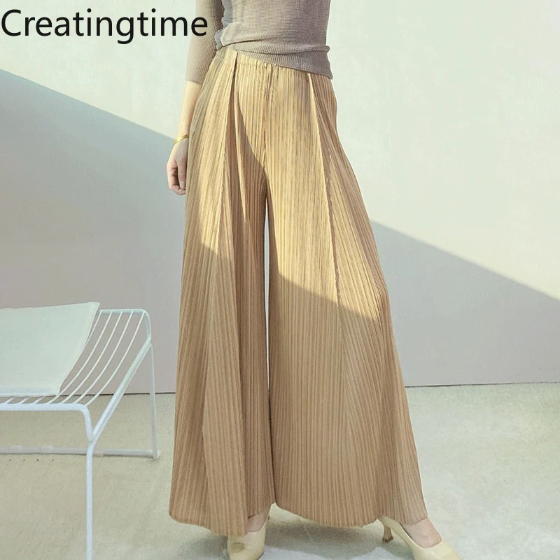 

Creatingtime Pleated 2023 Spring Summer New Solid Color Elastic High Waist Wild Loose Elegant Wide Leg Pants Fashion Women LH065