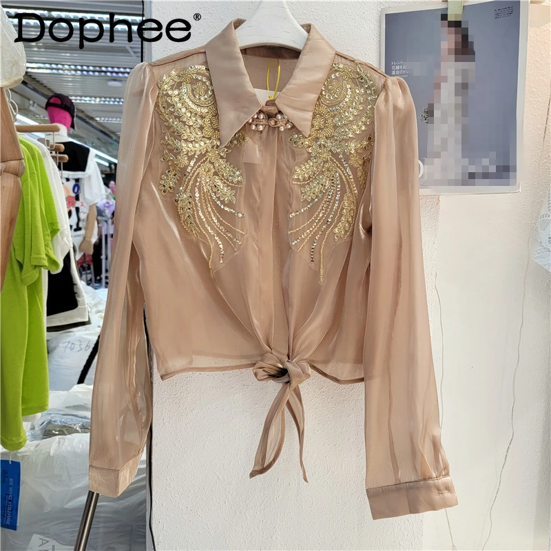 

Short Blouses Femme 2022 Summer New Fashionable Embroidery Sequins Diamond-Studded Design Loose Chiffon Shirt for Women Top