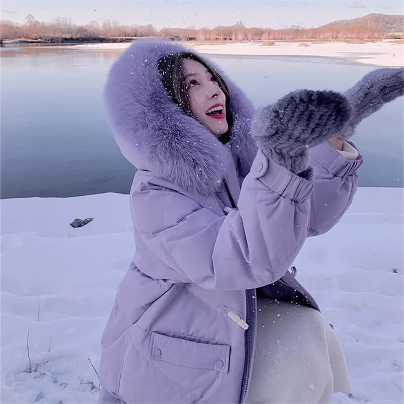 

Down jacket female long 2021 new wallet buckle big fur collar white duck velvet winter clothing