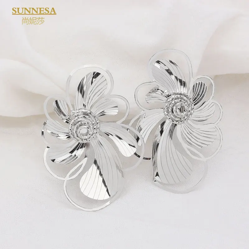 

African Silver Plated Mirror Side Flower Design Big Clip Earrings for Women Dubai Bridal Jewelry Fashion Lady Big Earrings