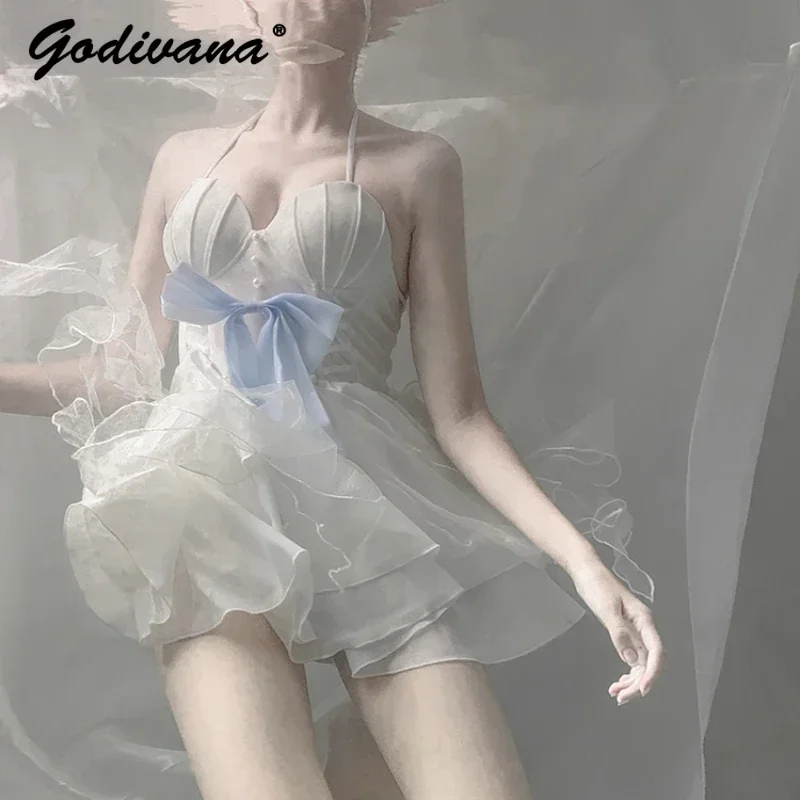 Женский слитный купальник в стиле лолита Раздельный с бантом и разрезом летний