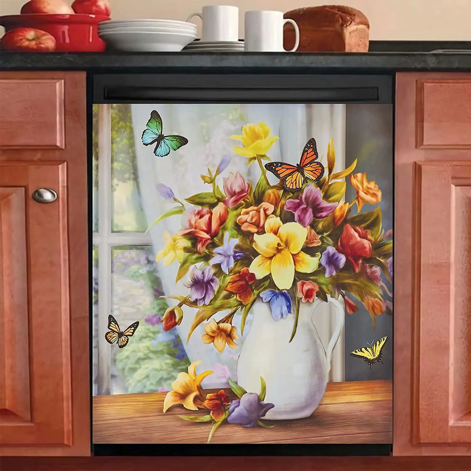 

Mahar Colorful Butterflies and Floral Bouquet Kitchen Dishwasher Sticker Magnet Cover Flower Magnetic Refrigerator Home Decor Vi