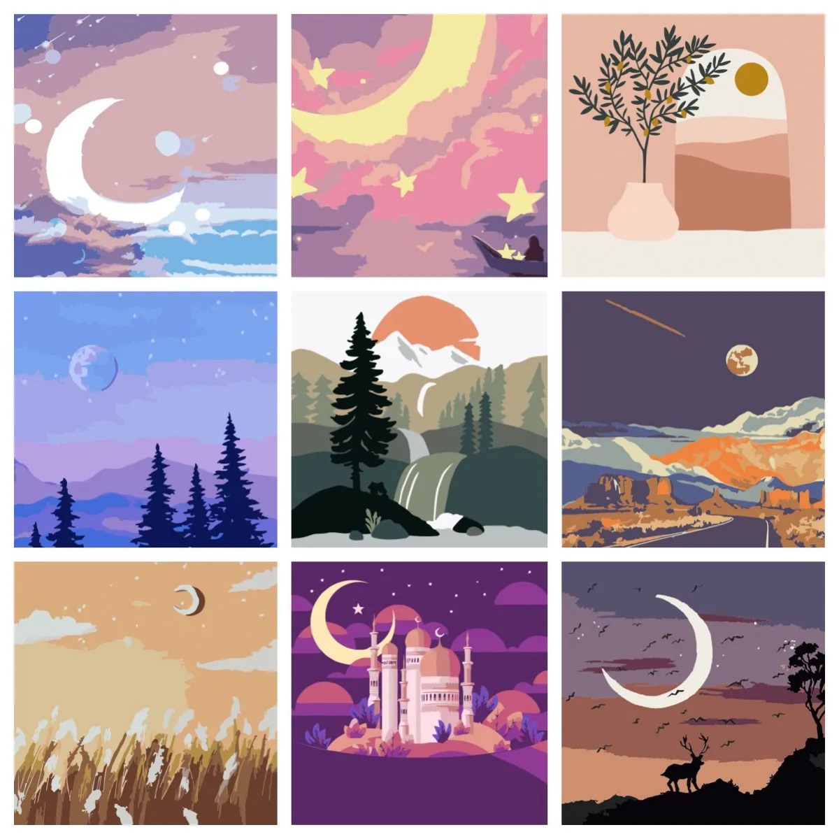 

Paint by Number Kids Landscape Oil Painting 20 x 20DIY Framed Canvas Girls Boys Beginner Colorful Moon Pattern