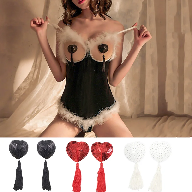 

Пара блестящих бюстгальтеров для сосков, наклейки, женское черное сексуальное нижнее белье в форме сердца, многоразовое женское экзотическ...