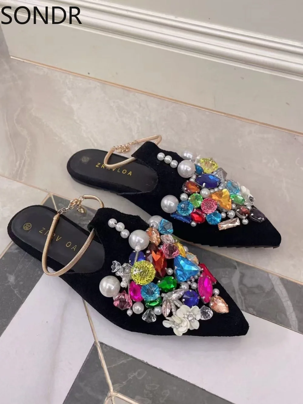 

Womens Pointed Toe Suede Leather Diamonds Pearls Flowers DIY Sandals Slingbacks Low Heel Shoes Beach Luxury