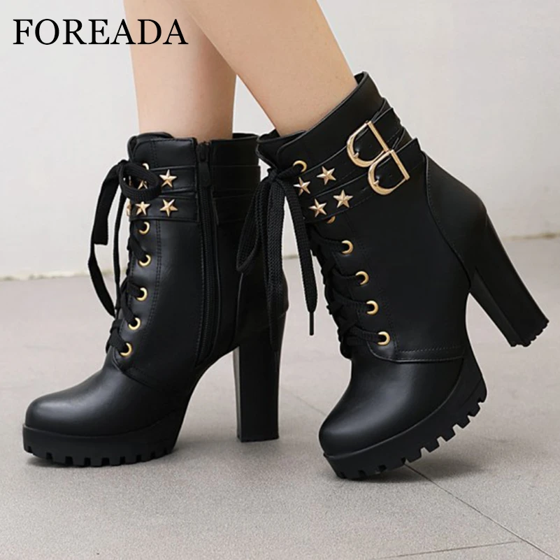 

FOREADA Women Ankle Boots Round Toe Thick High Heel Platform Buckle Lace-up Zipper Short Boot Ladies Fashion Shoes Autumn Winter