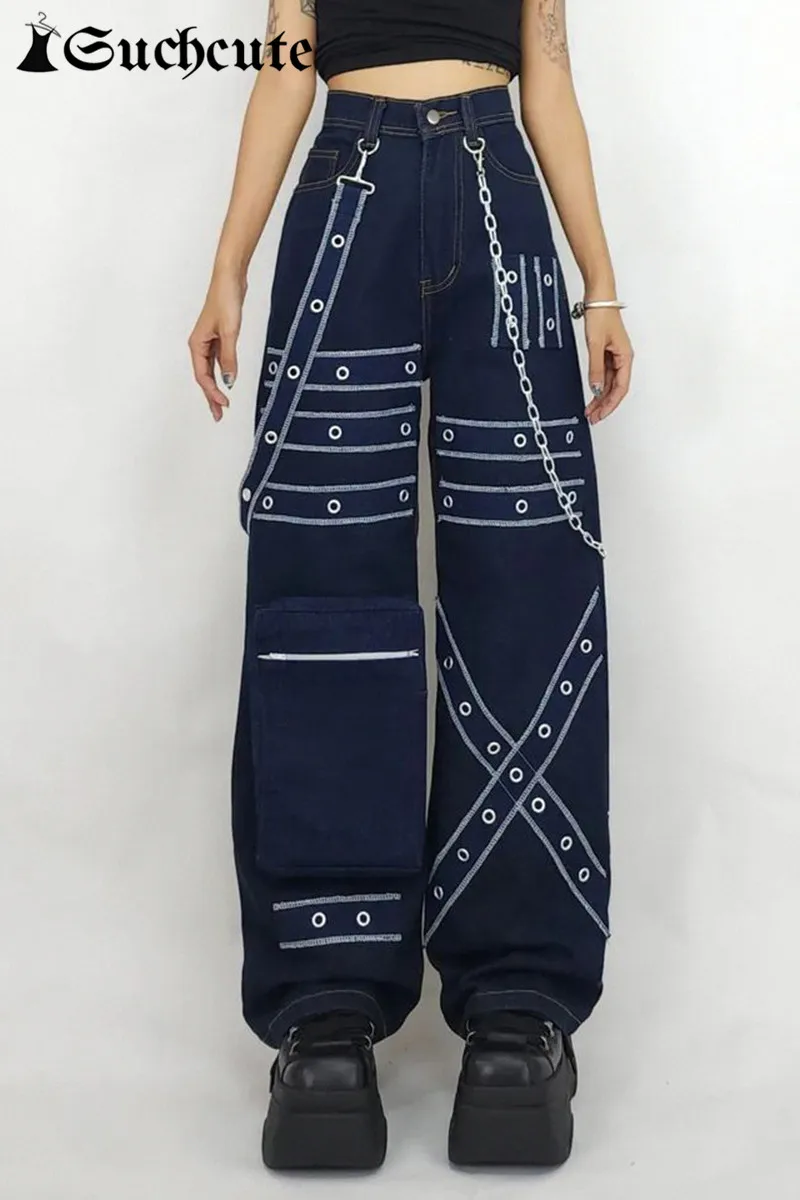 

SUCHCUTE Streetwear Stitch Graphic Women Wide Leg Jeans Gothic Link Up Low Waist Denim Trousers Hip Hop Dark Academia Baggy Pant