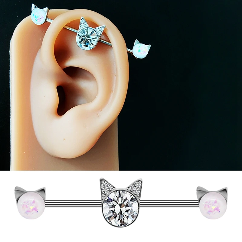 Stainless Steel Body Jewelry Industrial Piercing Ear Helix Barbell Pierc 14g Cartilage Stud Cat Zircon Industrial Earrings 38mm