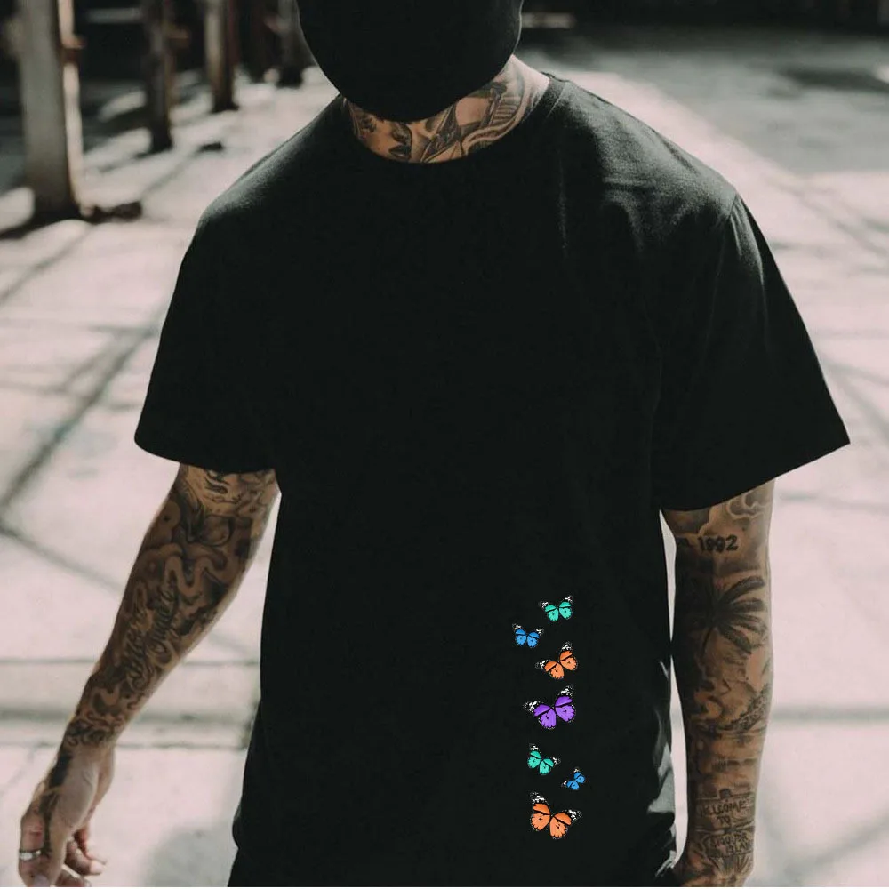 

Men T-Shirt Top Casual Hip Hop Summer Loose Drop Shoulder Sleeves Pullover Round Neck Butterfly Print Black Short Sleeve Top