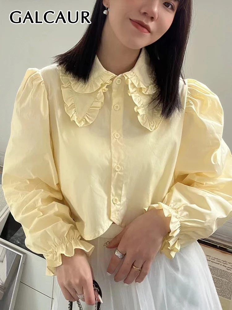 

GALCAUR Sweet Patchwork Ruffle Trim Shirt For Women Lapel Long Sleeve Solid Button Through Blouses Female Fashion Clothing Style