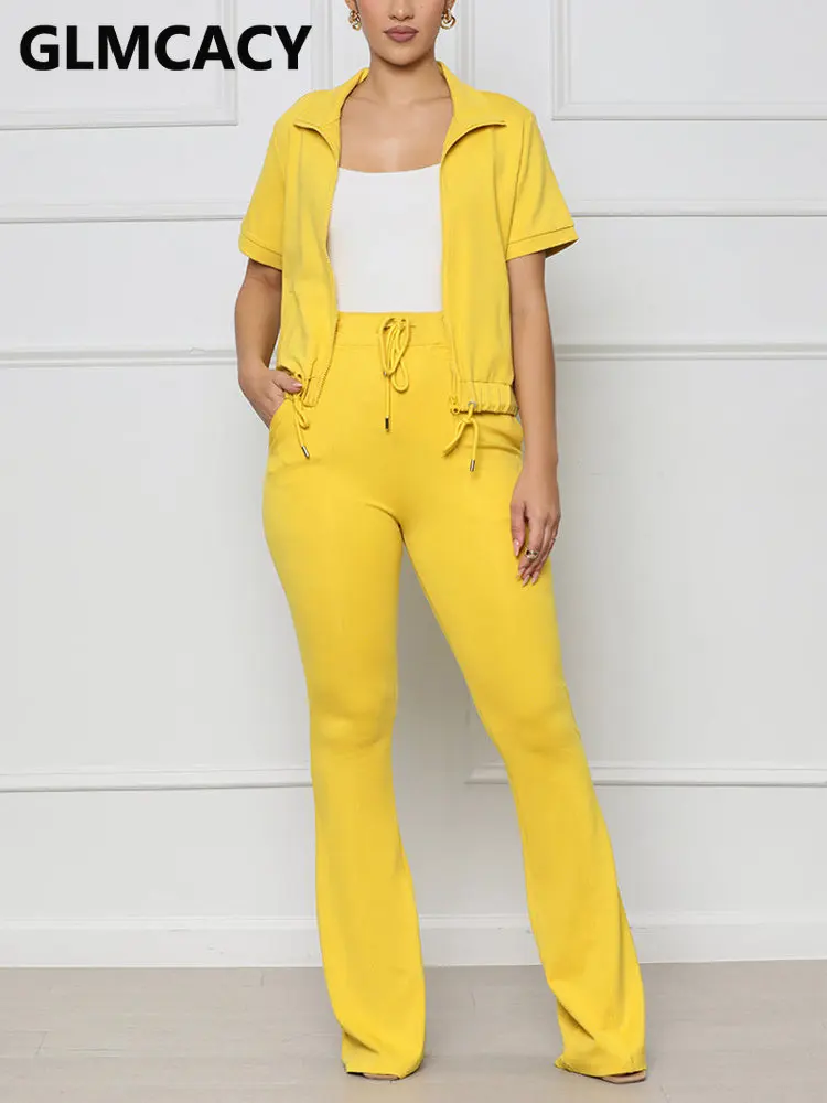 

Women Two Piece Casual Tracksuits Short Sleeve Zip Up Top & Slim Pants Set