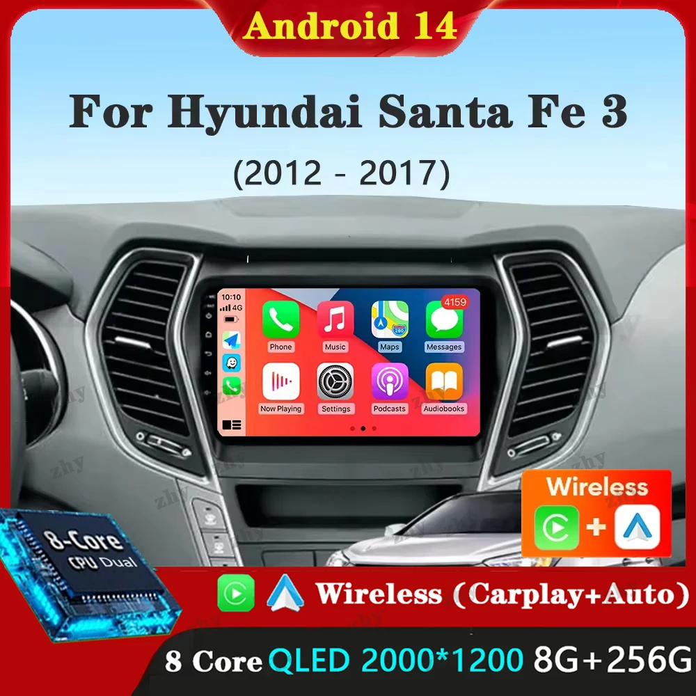 Автомагнитола для Hyundai Santa Fe 3 Grand IX45 2012 - 2017 Android 14 Carplay радио-навигация GPS