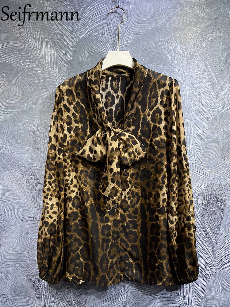 

Рубашка Seifrmann Женская с длинным рукавом-фонариком, модная дизайнерская шелковая блузка свободного покроя с леопардовым принтом, осень