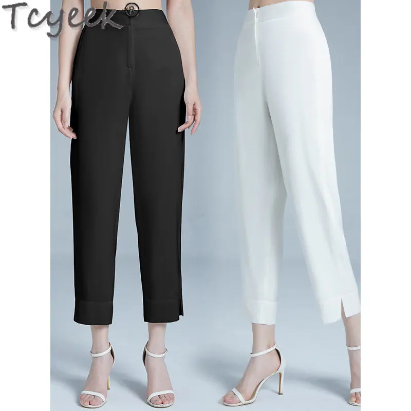 Tcyeek 2023 Summer Thin Pants Female 95% Mulberry Silk Ankle-length Trousers Woman Clothes Elegant Middle Waist Pants Pantalones