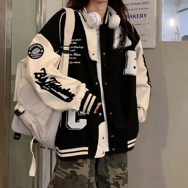 

Y2k Lamb Wool Bomber Jacket Female Strtwear 2023 New Women Harajuku Fashion College Uniform Varsity Baseball Jackets