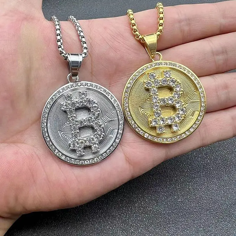 Хип-хоп - сталь круглый бренд Rhindiamonds Биткойн-подвеска с буквой B