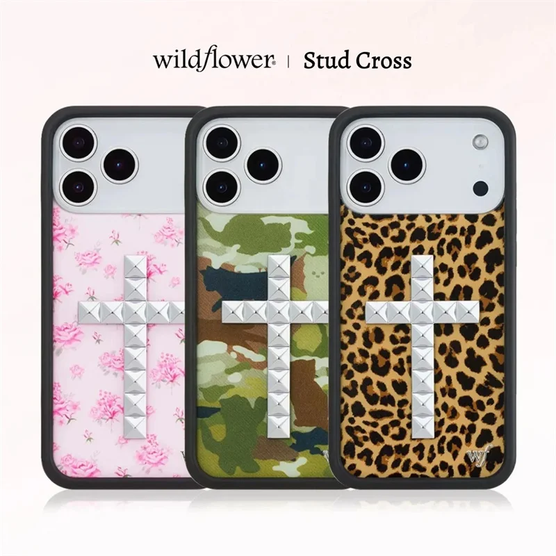 Фото Чехол для телефона Wildflower Camouflage Meow Rivets для iPhone 16 15 14 11 13 12 17 Pro Max Plus с декором в виде кошачьих шипов и котят Myosotis №1