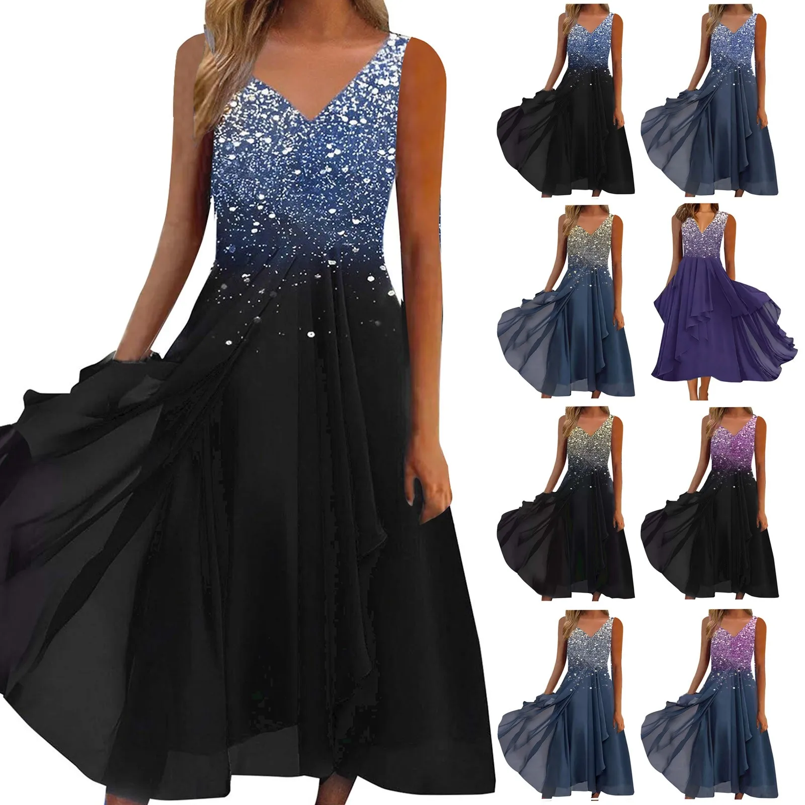 

Женское шифоновое платье без рукавов с V-образным вырезом