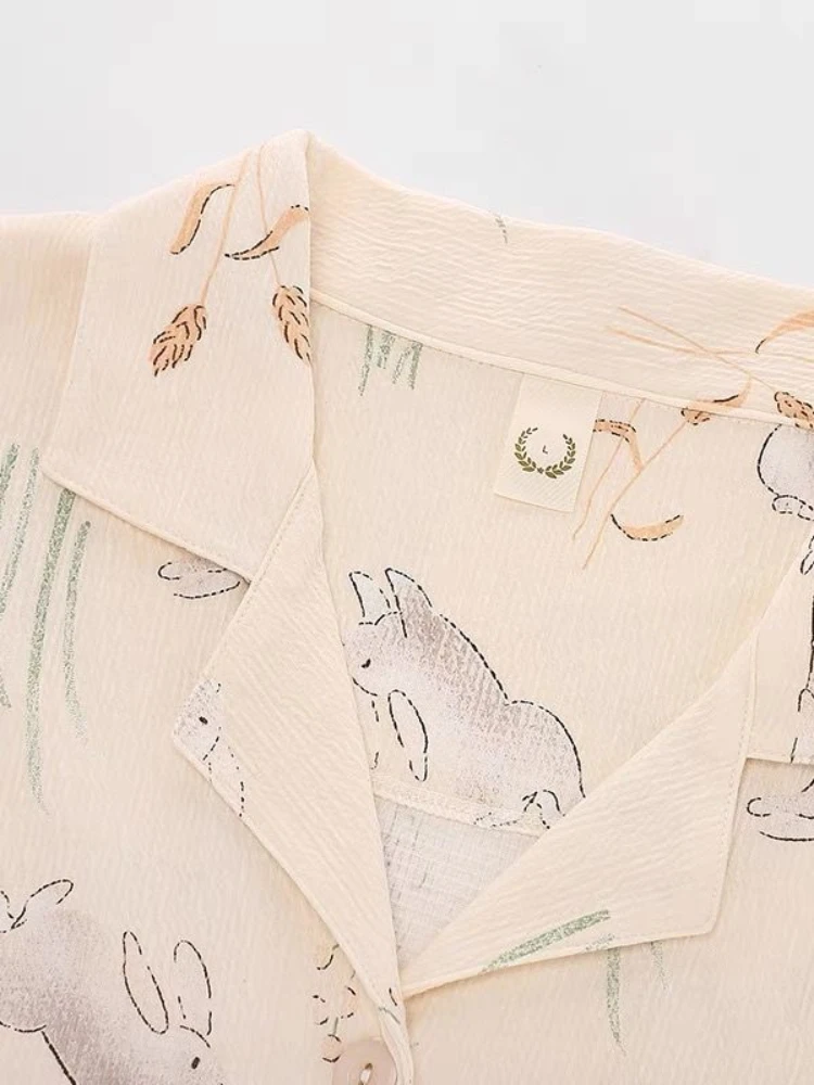 QWEEK Gauze Pajamas Kawaii Rabbit Print Trouser Suits Korean Style Room Wear Breathable Soft Sleepwear Home and Sleep Clothes