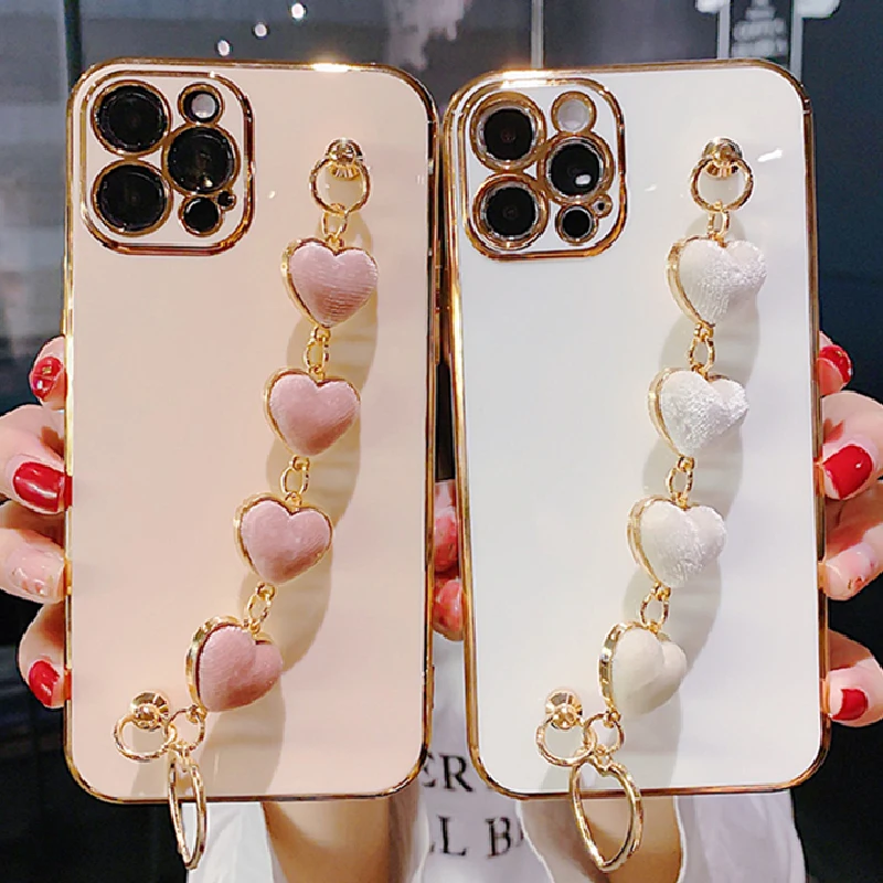 

Luxury Plating Love Heart Bracelet Phone Case For iPhone 13 11 Pro Max XR XS 7 8 Plus SE2 12Mini Color Wrist Chain Silicon Cover