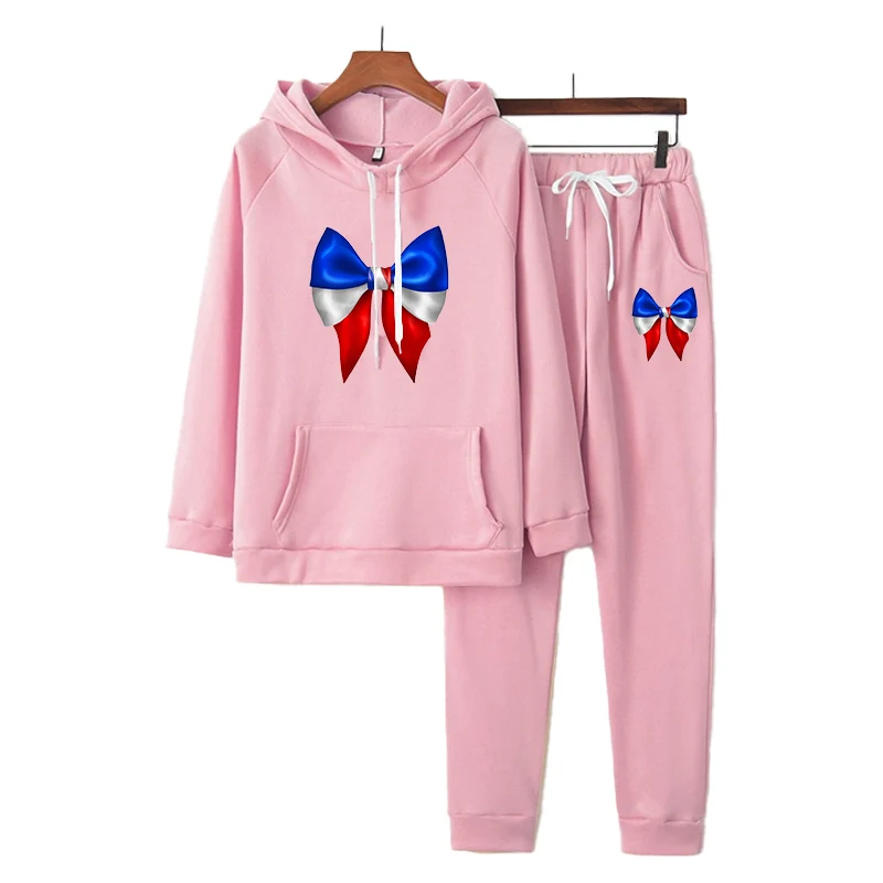 Beautiful Big Bow in Colors of France Flag Women Tracksuits Set Two Piece Top+Pant Suits Hoodie Pullover Sweatshirt Pockets 4XL