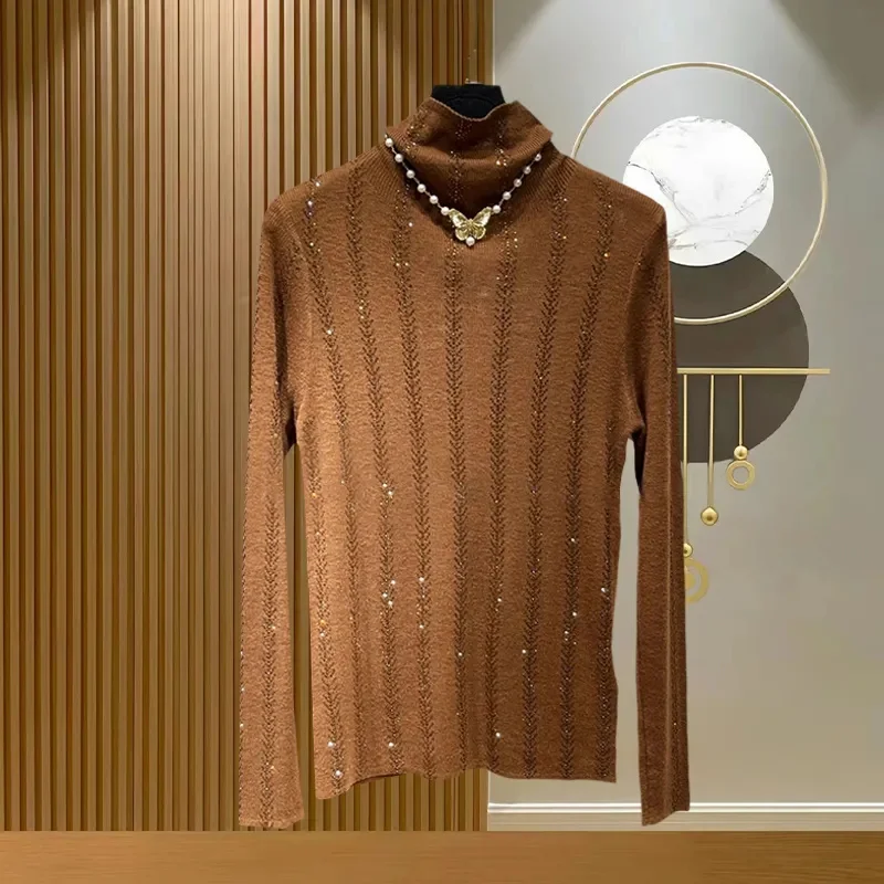 Осень-зима пуловер 2024 новая мода полосатая рубашка с высоким воротником женский