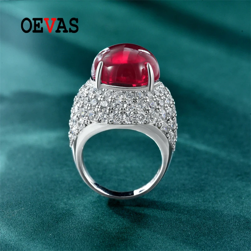 

OEVAS 100% 925 Sterling Silver Round Red Corundum 15mm Luxury Ring High Carbon Diamond For Women Sparking Wedding Fine Jewelry