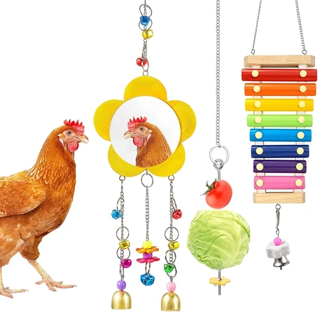 3 Упаковки Куриных Игрушек для курятника, Куриных Ксилофонных Игрушек, Куриных Зеркальных Игрушек Для Кур, Подвесная кормушка для цыплят с овощами