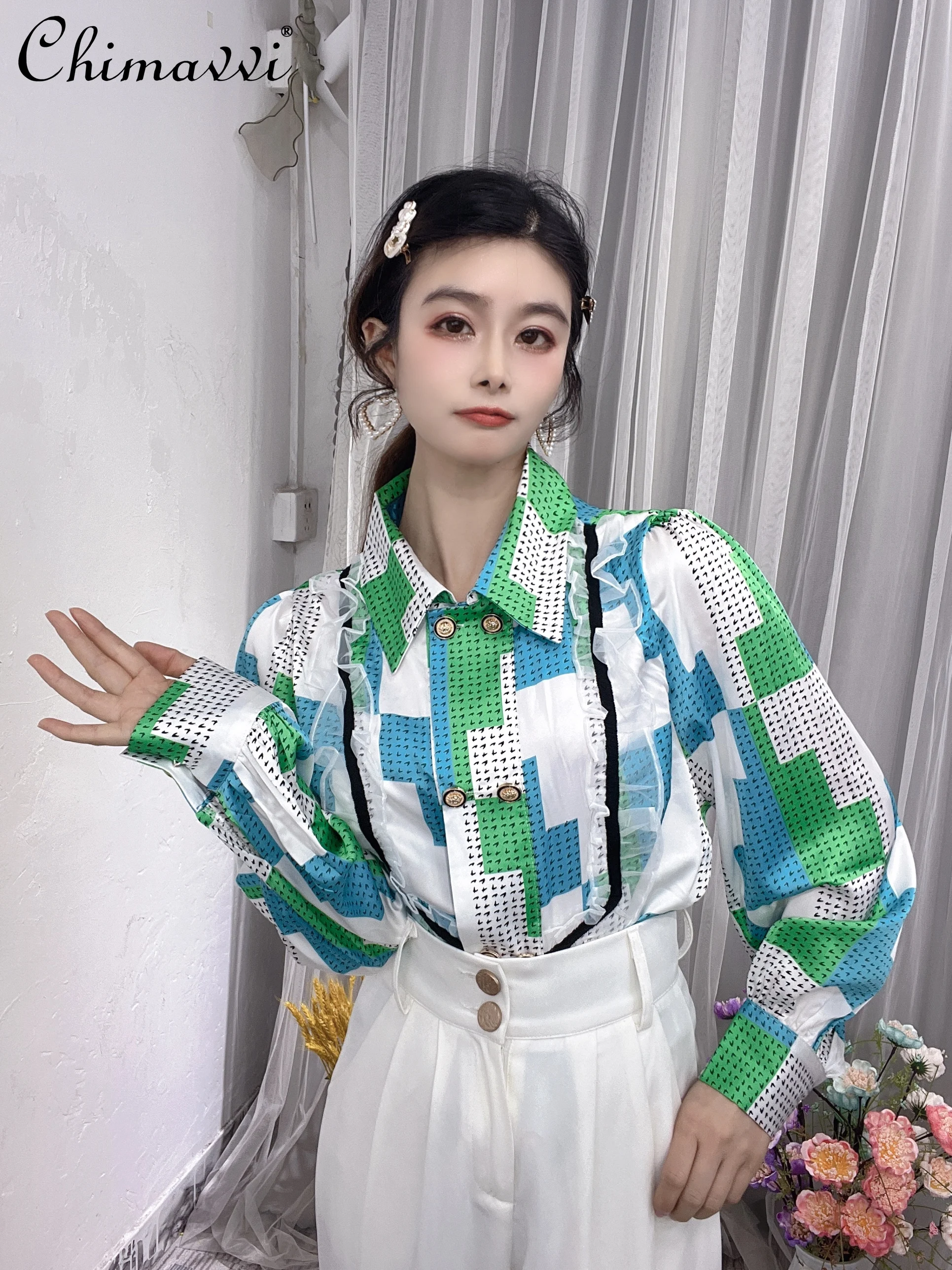 

New Ladies Fashion Printed Palace Style Blouses Women's 2022 Spring Office Lady Lapel Organza Ruffles F Long Sleeve Shirt Top