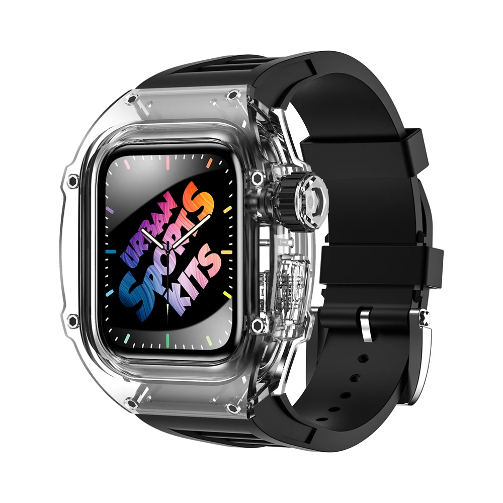 Transparent Bezel Metal Case for Apple Watch 44MM 45MM Fluorine Rubber Strap for Iwatch Series 7 6 5 4 Se Urban Sports Mod KITS
