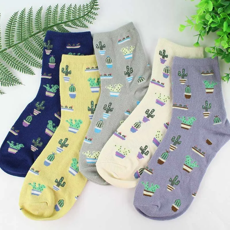 CHARLIE CAAMP  New Women Cotton Plain Jacquard Cactus Fresh And Simple Wild Ladies Trend Harajuku Comfortable Socks G102 images - 6