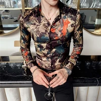 mens flower shirt luxury royal men tuxedo camisas club clothing long sleeve slim casual wear leaf print shirt fashion designer