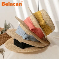 ladies handmade natural straw hat summer beach sun hats for womens fashion panama flat derby with sun protection colored ribbon